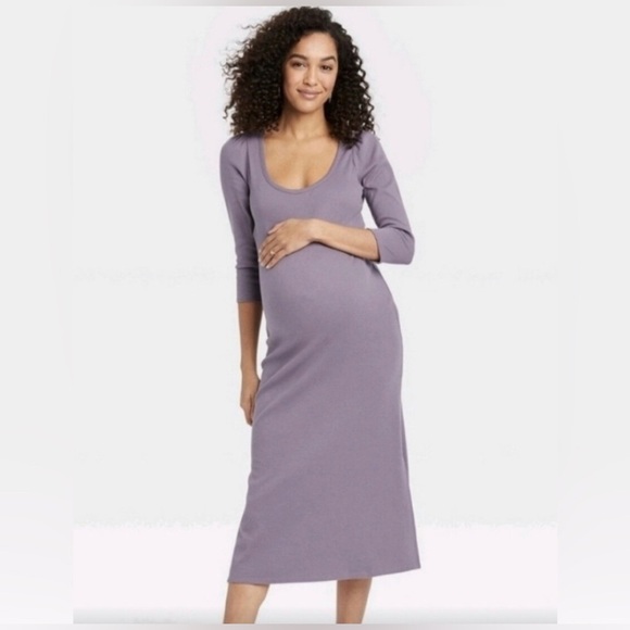 The Nines by HATCH Dresses & Skirts - The Nines by HATCH lilac Bodycon Ribbed Dress 3/4 Sleeve Scoop Neck Large MIDI